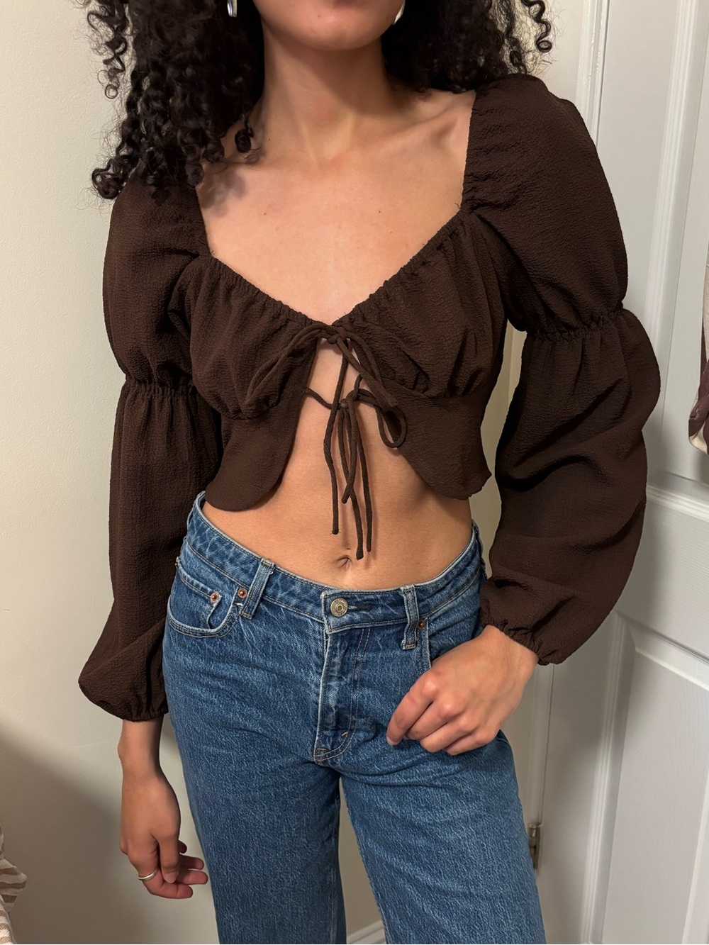Divided Dark Brown Tie-Front Puff Sleeve Crop Top